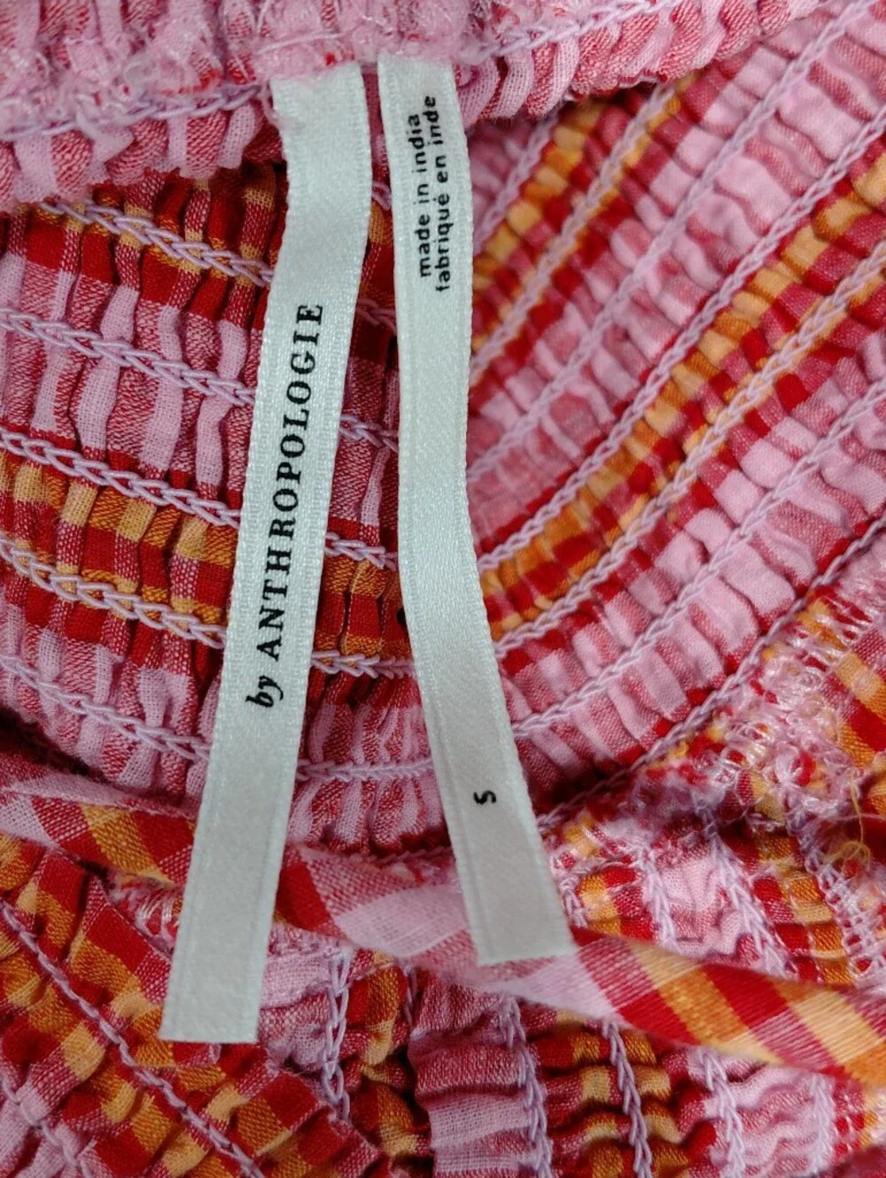 Anthropologie Pink and Orange Plaid Puff-Sleeve Blouse